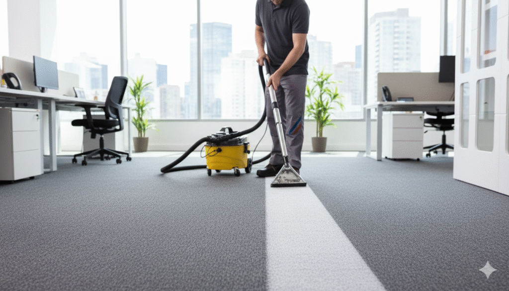 Carpet Cleaning, a person vacuuming a carpet